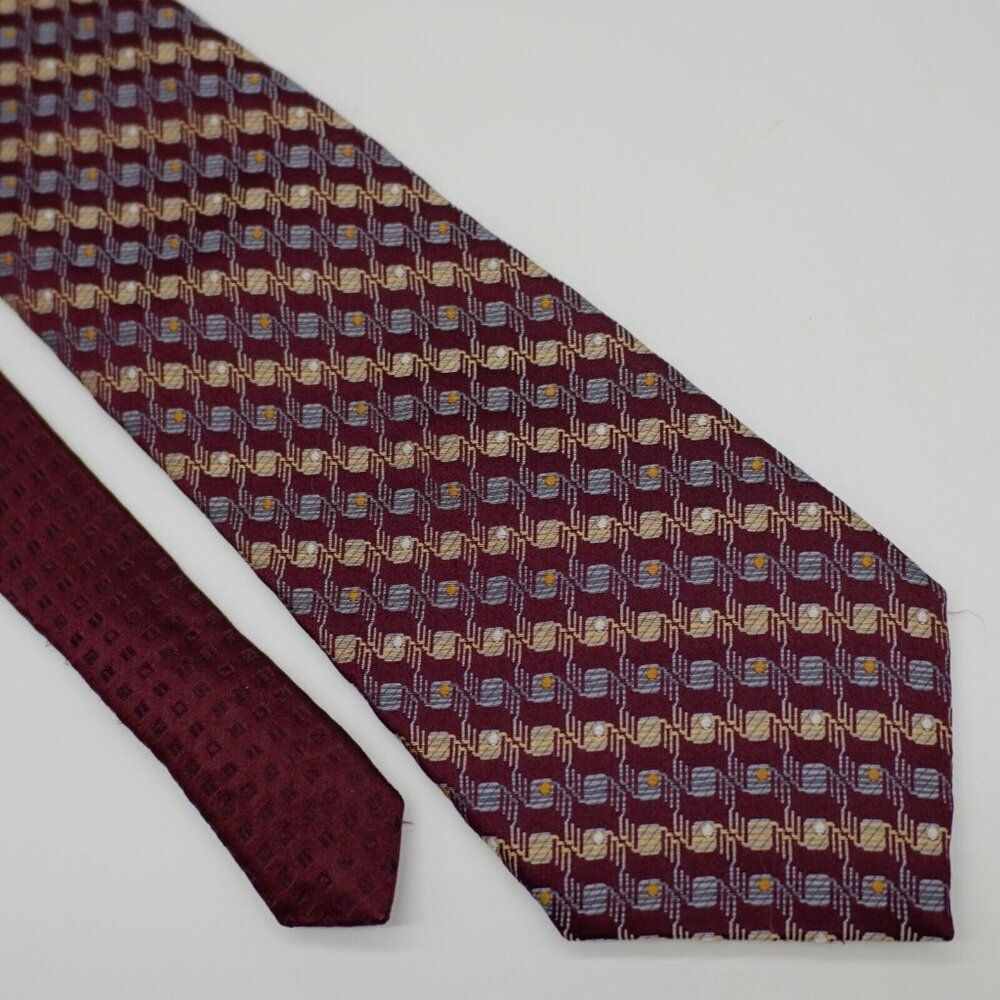 Pronto Uomo Maroon Red Tan Blue Geometric Woven Silk Tie Wide
